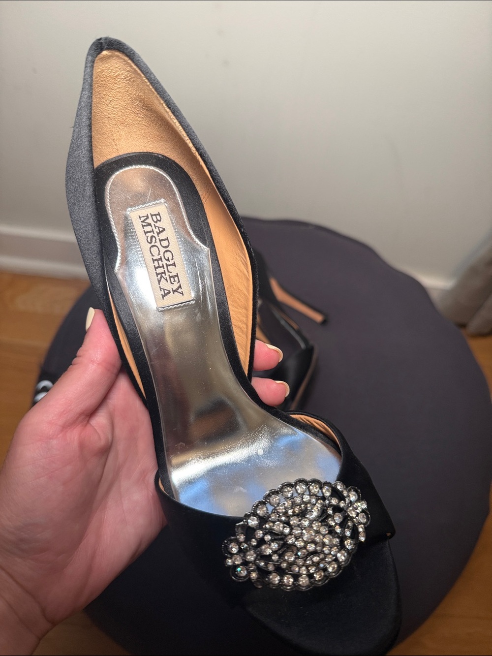Badgley Mischka Black Satin Peep-Toe Heels with Crystal Brooch - Picture 3 of 3